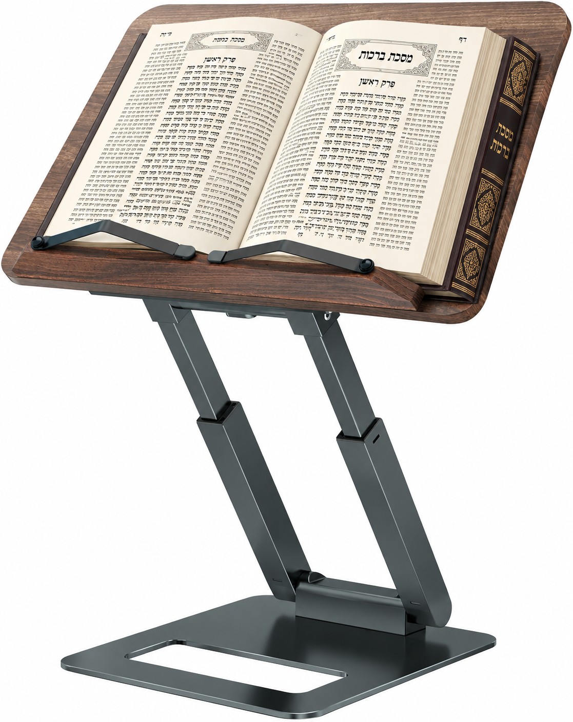 Foldable, height- and angle-adjustable stands that hold siddurim and study books hands-free